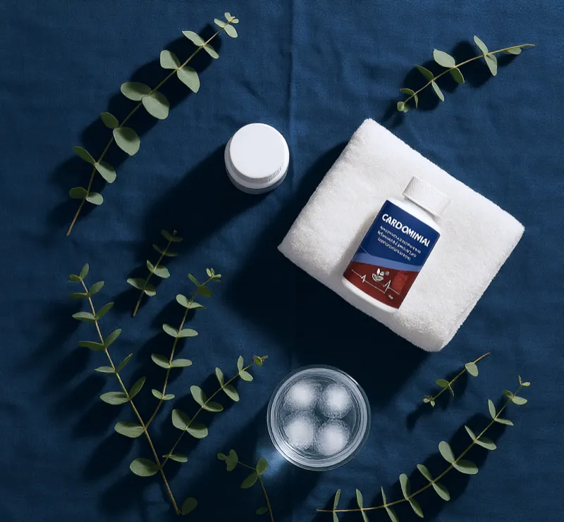 Cardiominal kapsułki widok z góry z gałązkami eukaliptusa i szklanką wody - Stenka Clinic