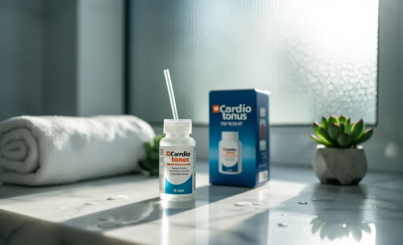 Cardiotonus suplement diety z pudełkiem w aranżacji z ręcznikiem i sukulentem - Stenka Clinic