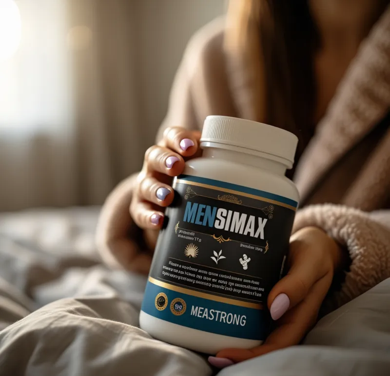 Mensimax suplement diety trzymany w dłoni, scena lifestyle - Stenka Clinic