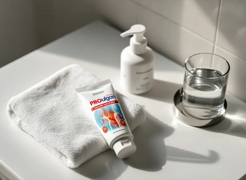 Proulgan suplement diety na półce łazienkowej z ręcznikiem i szklanką wody - Stenka Clinic